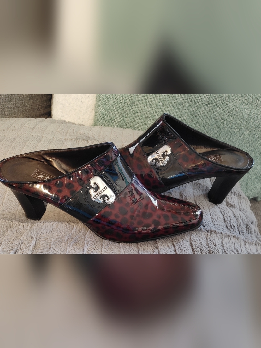 Brighton Runway Leopard Patent Leather Mules Size 7 1/2